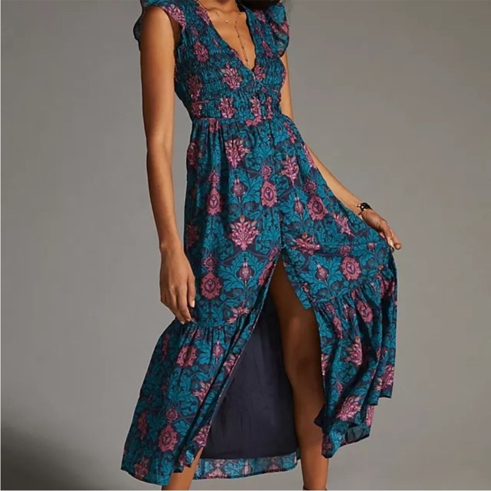 Anthropologie Peregrine Smocked Ruffle Maxi Dress Size Small